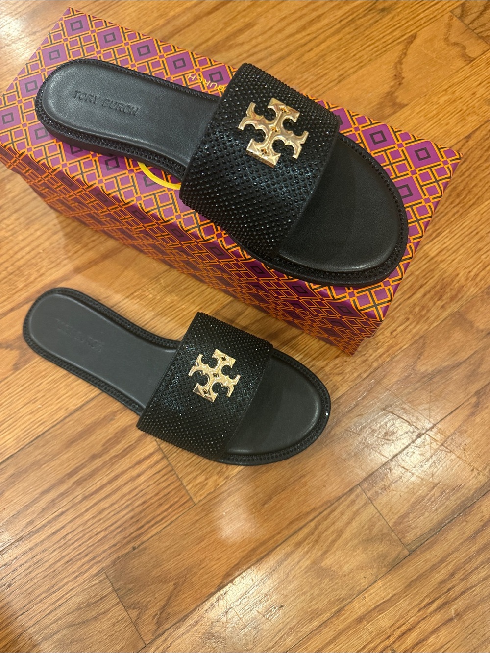 Size39Tory  Burch Black Crystal Embellished Slide Sandals with Gold Logo